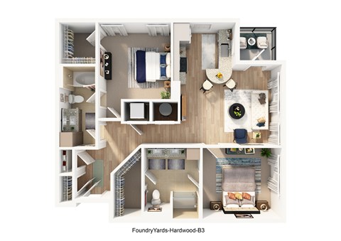 Floor plan for 2 beds, 2 baths, 1034 sqft